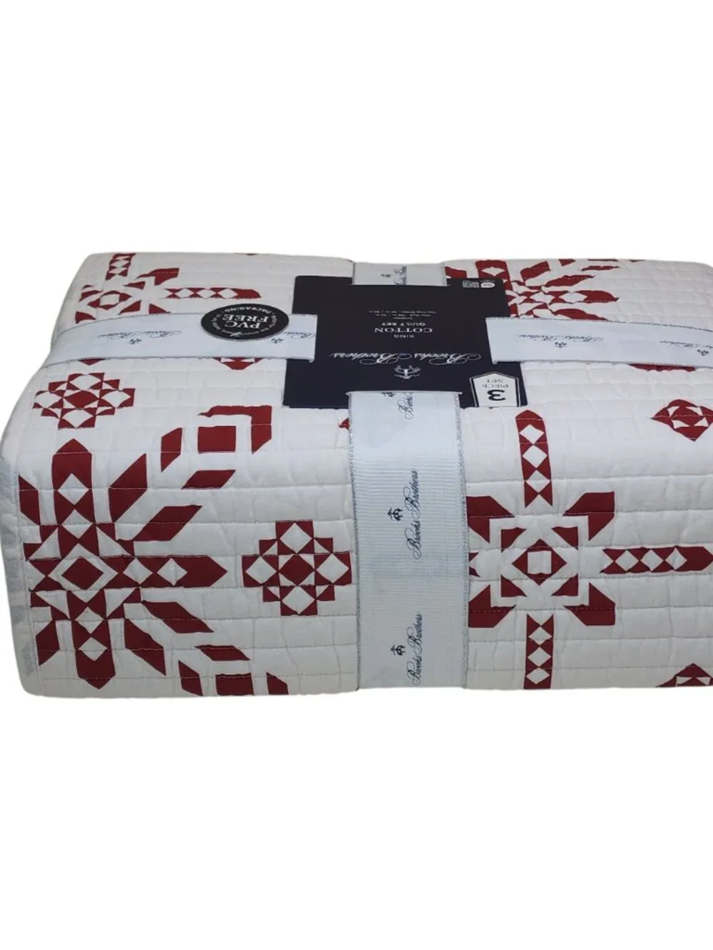 Brooks Brothers 3-Piece King Cotton Quilt Set 2 Shams Red & White Snowflakes
